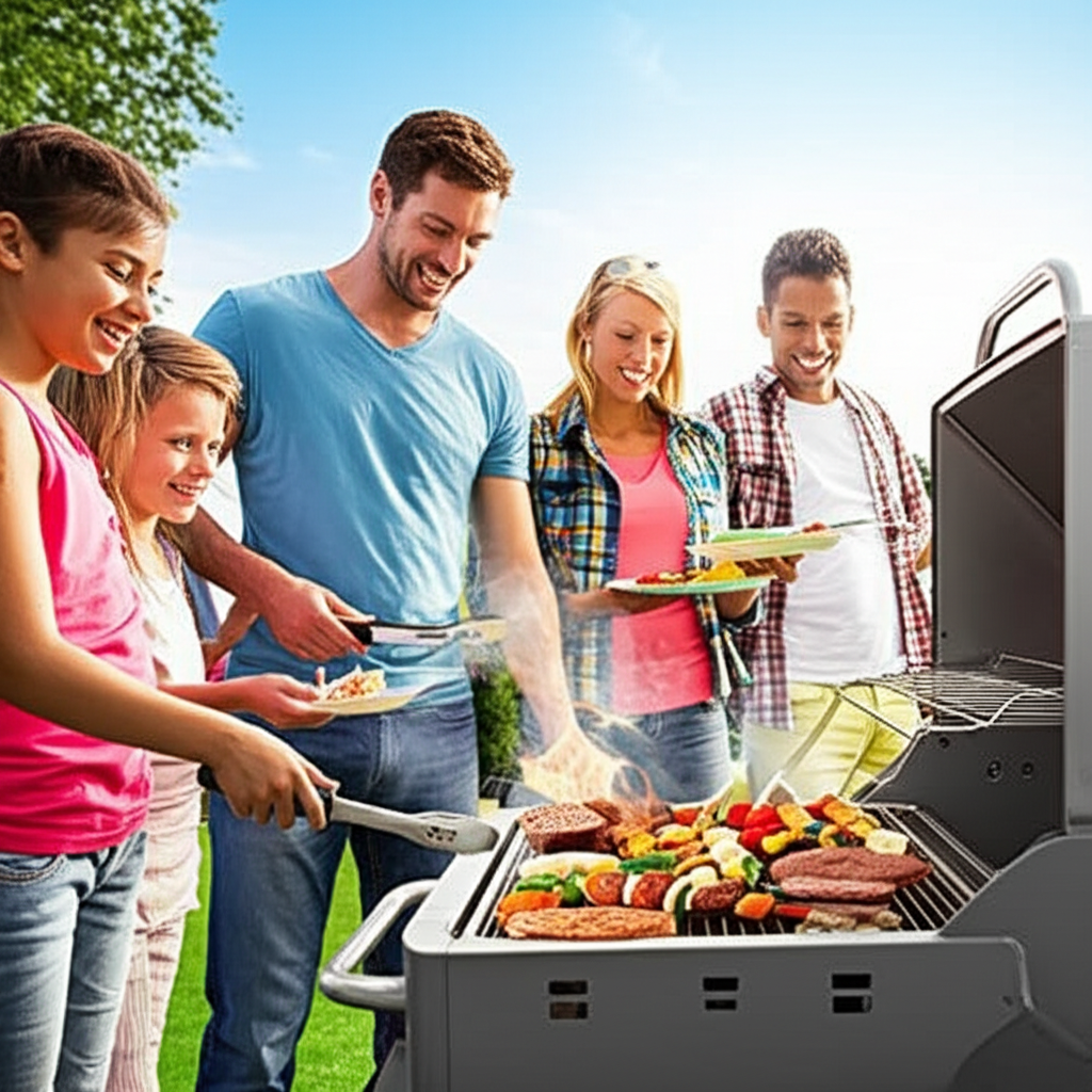 Gia đình đang dùng than không khói để nướng BBQ