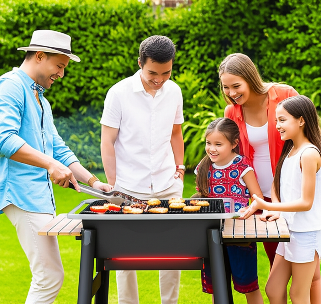 Gia đình đang nướng BBQ ngoài trời với than không khói