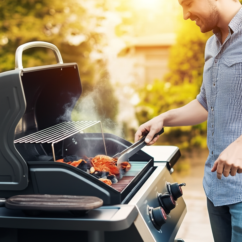 Người đang vui vẻ nướng BBQ với than không khói, không có khói bốc lên