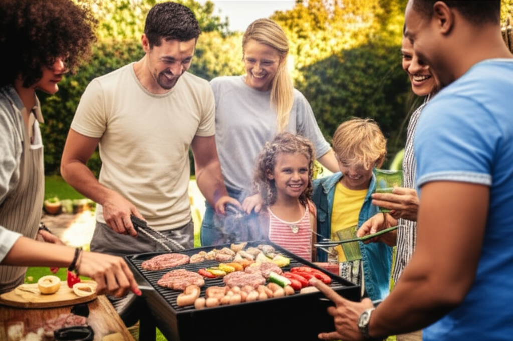Gia đình nướng BBQ với than không khói vui vẻ