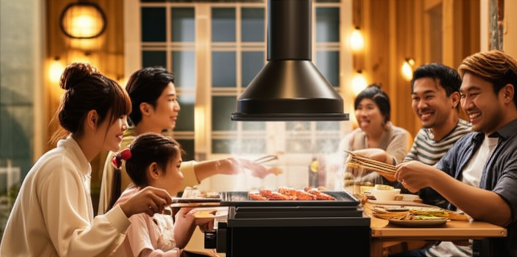 Gia đình quây quần bên bếp nướng than an toàn trong nhà