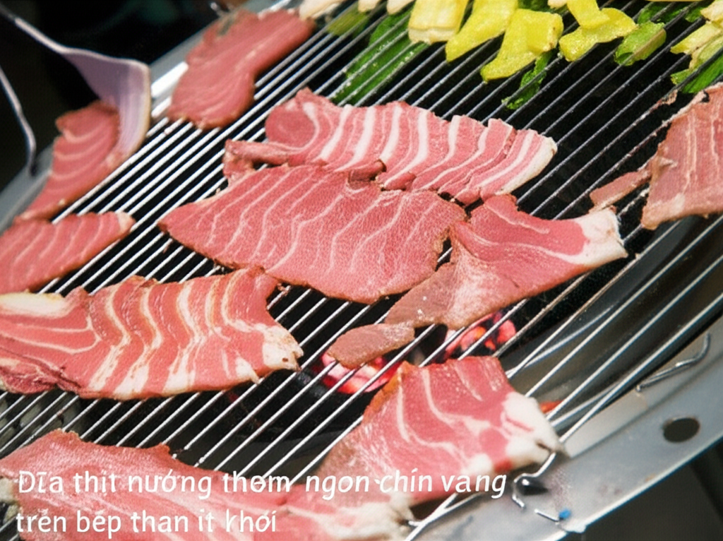 Đĩa thịt nướng thơm ngon chín vàng trên bếp than ít khói