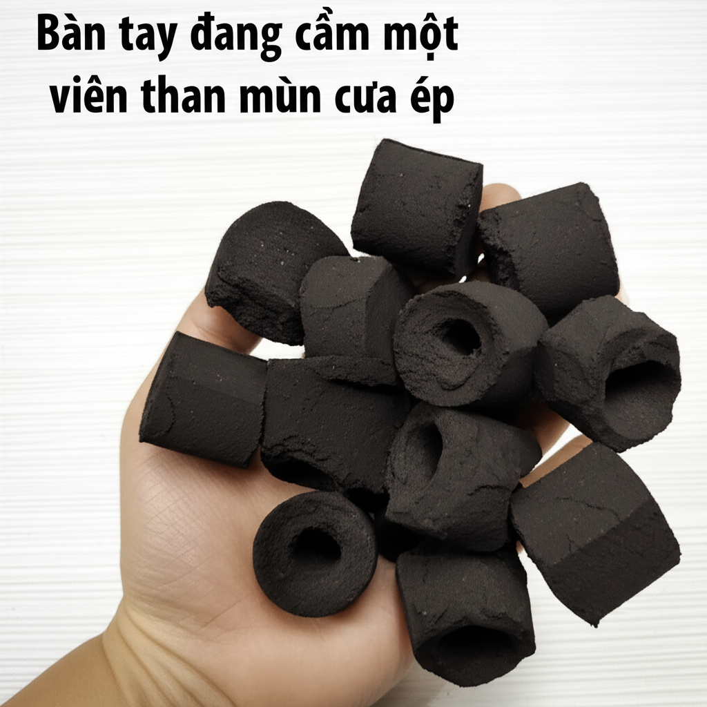 Bàn tay đang cầm một viên than mùn cưa ép