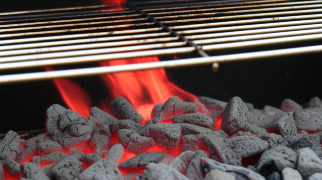 Than sạch đang cháy đỏ hồng, ít khói trong lò nướng BBQ