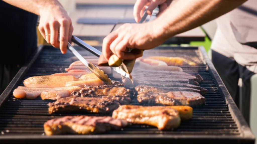 Người lớn đang nướng thịt BBQ cẩn thận